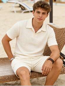Bộ áo polo tay ngắn và quần short dệt kim jacquard dành cho nam, thích hợp cho kỳ nghỉ biển ở Hawaii, lễ hội âm nhạc và mặc hàng ngày. Một món quà tuyệt vời dành cho bạn trai hoặc chồng, bộ đồ thoải mái. - Màu be - Xem 1