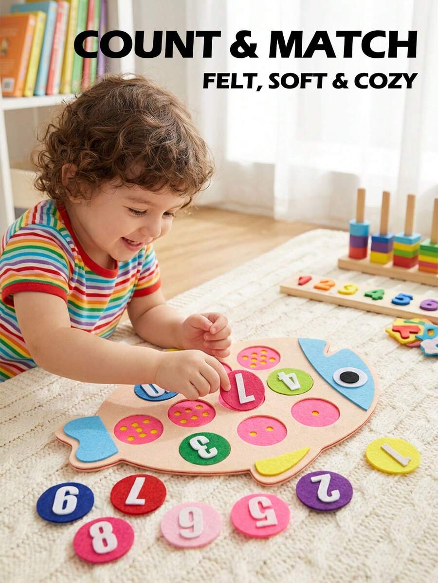 Montessori Fish Number Matching Toy For Kids 3+,Educational Counting Puzzle Board For Toddlers, Preschool Math Learning Fine Motor Skills Development - Multicolor - View 1