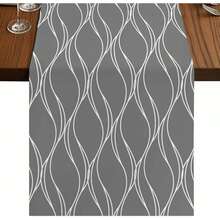 1pc Modern Art Gray Geometric Table Runner, Long Wave Line Geometric Abstract Pattern Coffee Table Dresser Kitchen Dining Table Decor, Suitable For Indoor Outdoor Home Party Holiday - Multicolor - View 3