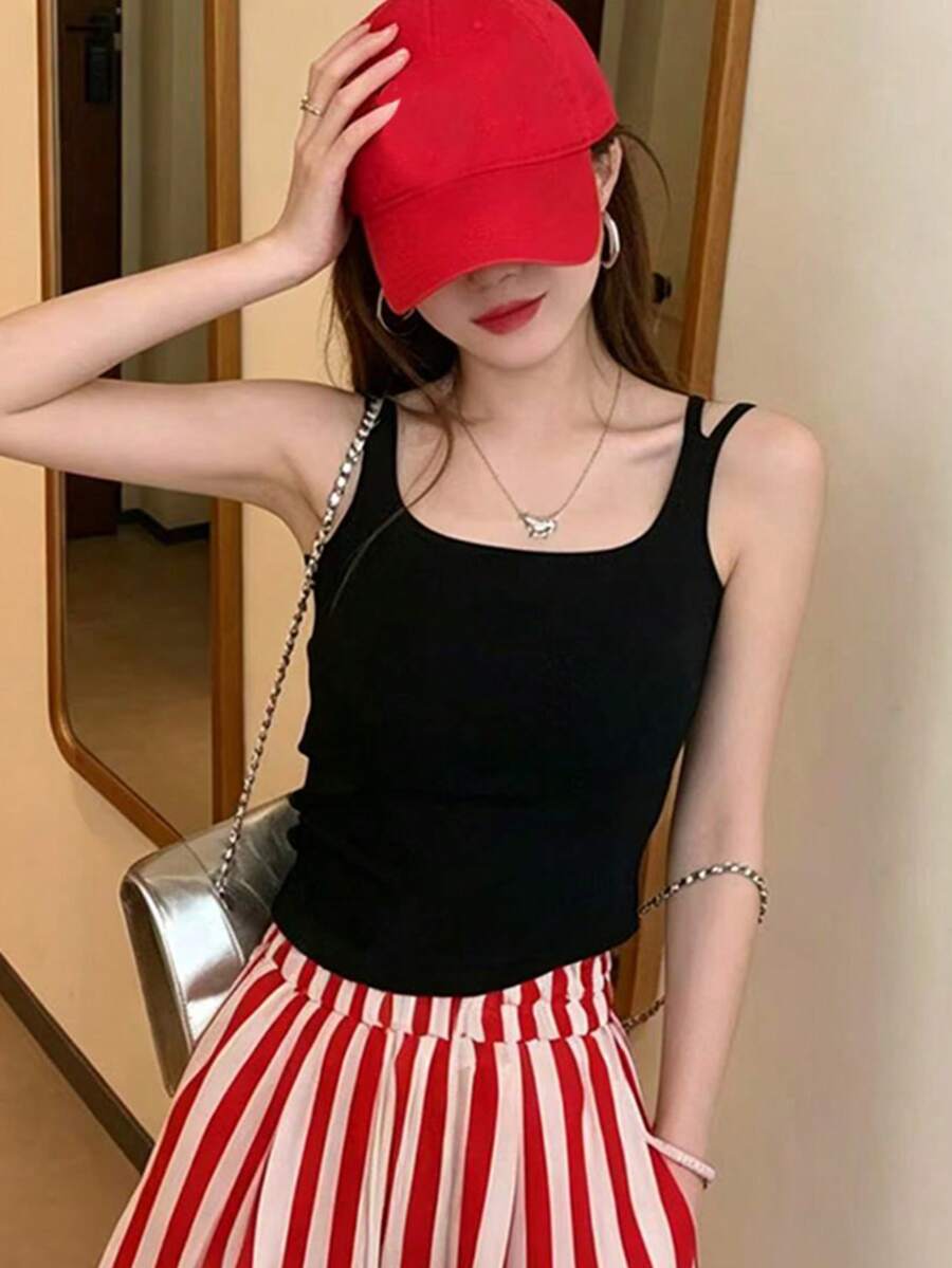夏季黑色女款細肩帶背心上衣,新品上市,內建胸墊,優雅層搭背心,休閒外套 - 黑色 - 查看 1