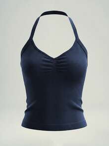 UONNOU Top corto de mujer con cuello halter y fruncido delantero, camisola corta de yoga y entrenamiento sin costuras de alta elasticidad - Azul Marino - Ver 3