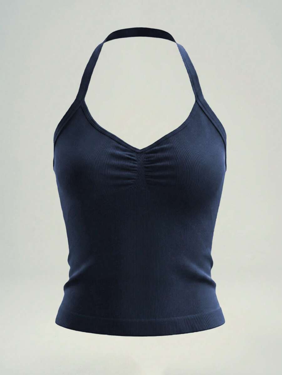 UONNOU Women's Halter Neck Ruched Front Crop Tank Top, High Stretch Seamless Short Workout Yoga Cami - Navy Blue - View 1