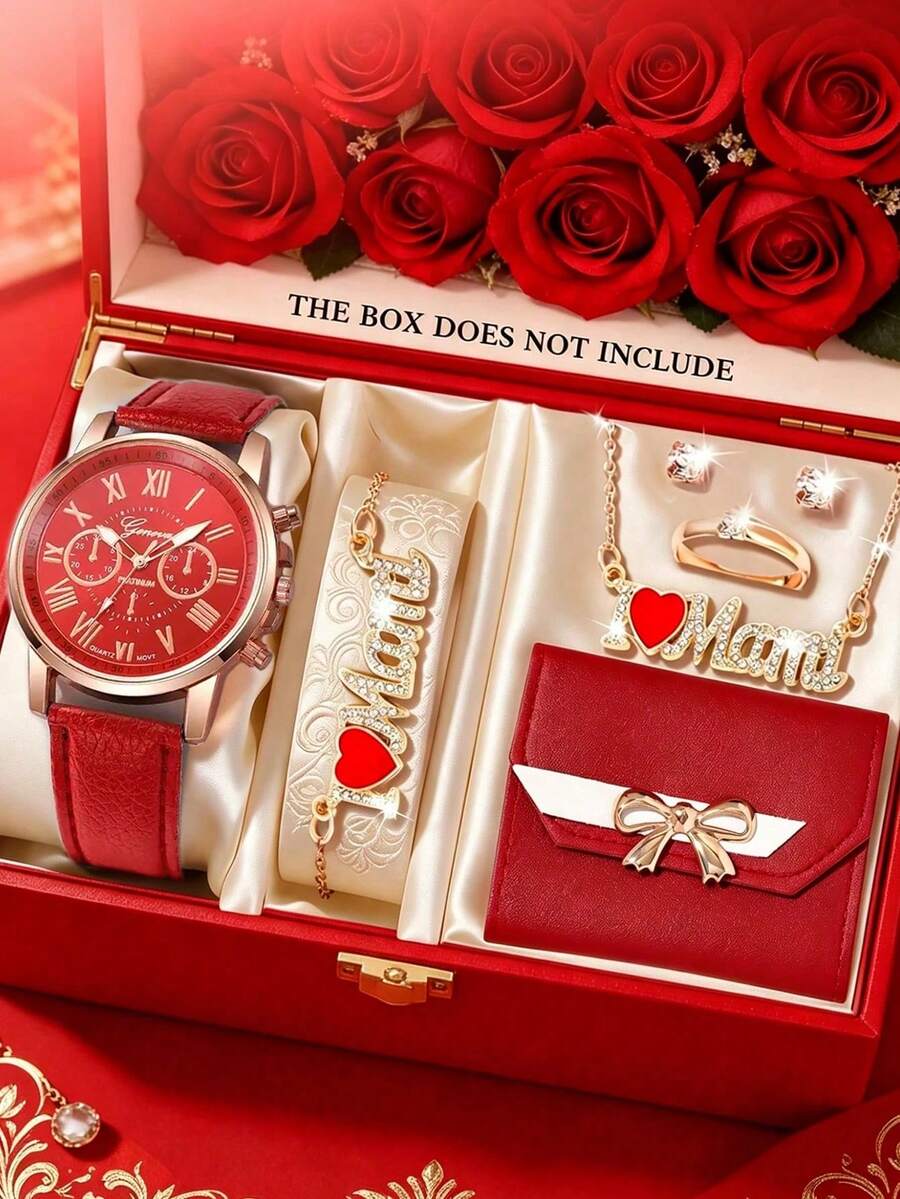 Set de 7 relojes de cuarzo con correa de piel de PU y aleación de moda - Rojo - Ver 1