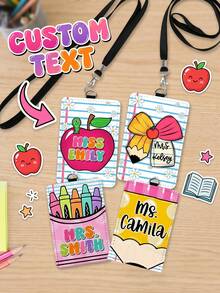 1pc Customized Name Teacher Leather ID Card Holder, Apple & Crayon Themed ID Card Sleeve, Personalized End Of Semester Teacher Gift, Teacher's Day Gift, Back To School, Classroom Decor Lanyard - Multicolor - View 1