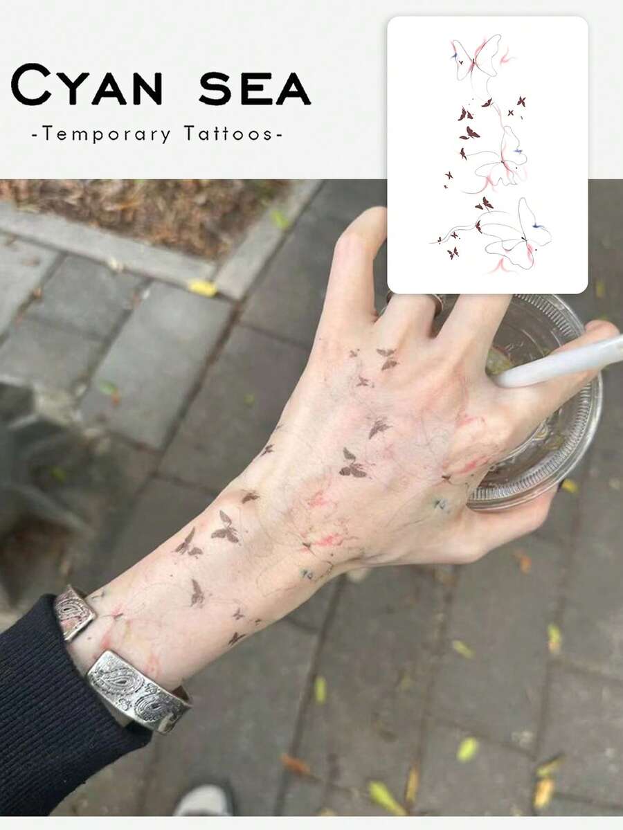 1张纹身贴纸,浅粉色渐变线条蝴蝶竖版,温柔仙气临时纹身,可水洗PVC材质,一次性使用,防水防汗,适用于手臂、腰部、腹部、背部、腿部,不反光,逼真纹身效果,适合人群,日常使用,可持续3-5天 - 彩色 - 查看 1