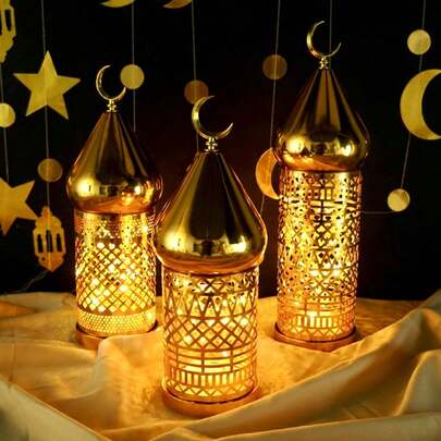 Chúc mừng Eid Al-Fitr! Đèn lồng trang trí hình trăng khuyết kiểu Ma-rốc cỡ trung bình bằng kim loại, chạy bằng pin, thích hợp để thắp sáng trong Lễ Tạ ơn, Diwali và các lễ hội khác, trang trí nhà cửa và nhà bếp, không bao gồm pin.