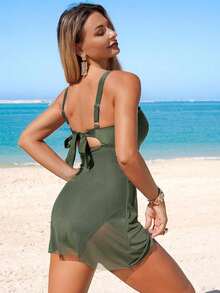 Lushoire Traje de baño tipo tankini con falda de malla de unicolor y parches, modelo 2026 - Verde militar - Ver 2