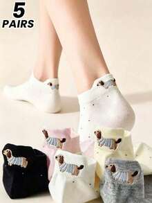 5 Pairs Women Cute Dachshund Pattern Boat Socks, Sweet & Fashionable, Comfortable & Breathable, Moisture-Wicking, Versatile For Daily Wear, Suitable For All Seasons - Multicolor - View 1