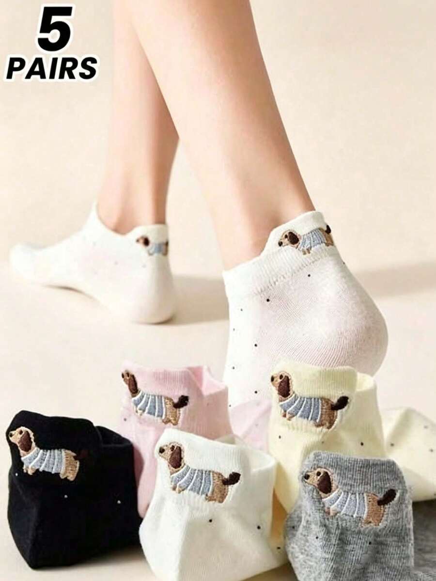 5 Pairs Women Cute Dachshund Pattern Boat Socks, Sweet & Fashionable, Comfortable & Breathable, Moisture-Wicking, Versatile For Daily Wear, Suitable For All Seasons - Multicolor - View 1