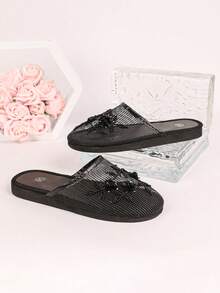 Women's Classic Retro Handmade Beaded & Floral Decoration Flat Sandals, Breathable Mesh, Lightweight & Soft Indoor Slippers, Bohemian Style Fashion Sandals - 黑色 - 查看 6
