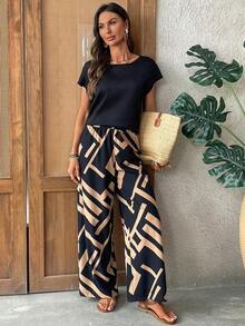 Conjunto de 2 piezas de top y pantalones con estampado vintage casual para vacaciones de mujer, conjunto de atuendo de vacaciones, conjunto de atuendos casuales de mujer, conjunto de atuendos de verano de mujer, conjunto bohemio para mujer, coords para mujer, pantalones y top, atuendo casual de playa para mujer, top conservador - Multicolor 9 - Ver 4