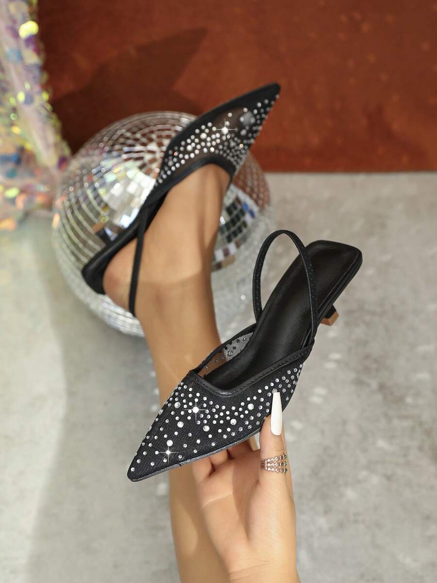 Women's Spring/Summer Elegant Glamorous Rhinestone Embellished Back Strap High Heel Sandals - Black - View 1
