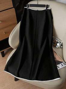 Falda con abertura y ribete en beige y negro, elegante para mujer en primavera/verano - Blanco y Negro - Ver 2