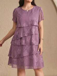 Reflora Vestido de moda con cuello redondo, mangas con volantes y estampado floral para mujer de talla - Morado - Ver 2