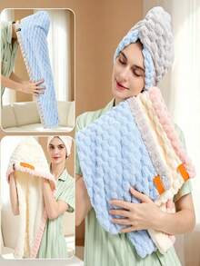 2/1 Set, 50*70cm Yunduoge Double-Layer Dry Hair Cap. Elastic Wide Tail, Thick Coral Fleece, Super Absorbent & Quick-Drying. Great For Long Curly Hair, Protects Damaged Hair And Prevents Frizz. Soft Comfy, Ideal For Home, Travel, Salon And Daily Use. - Multicolor - View 4