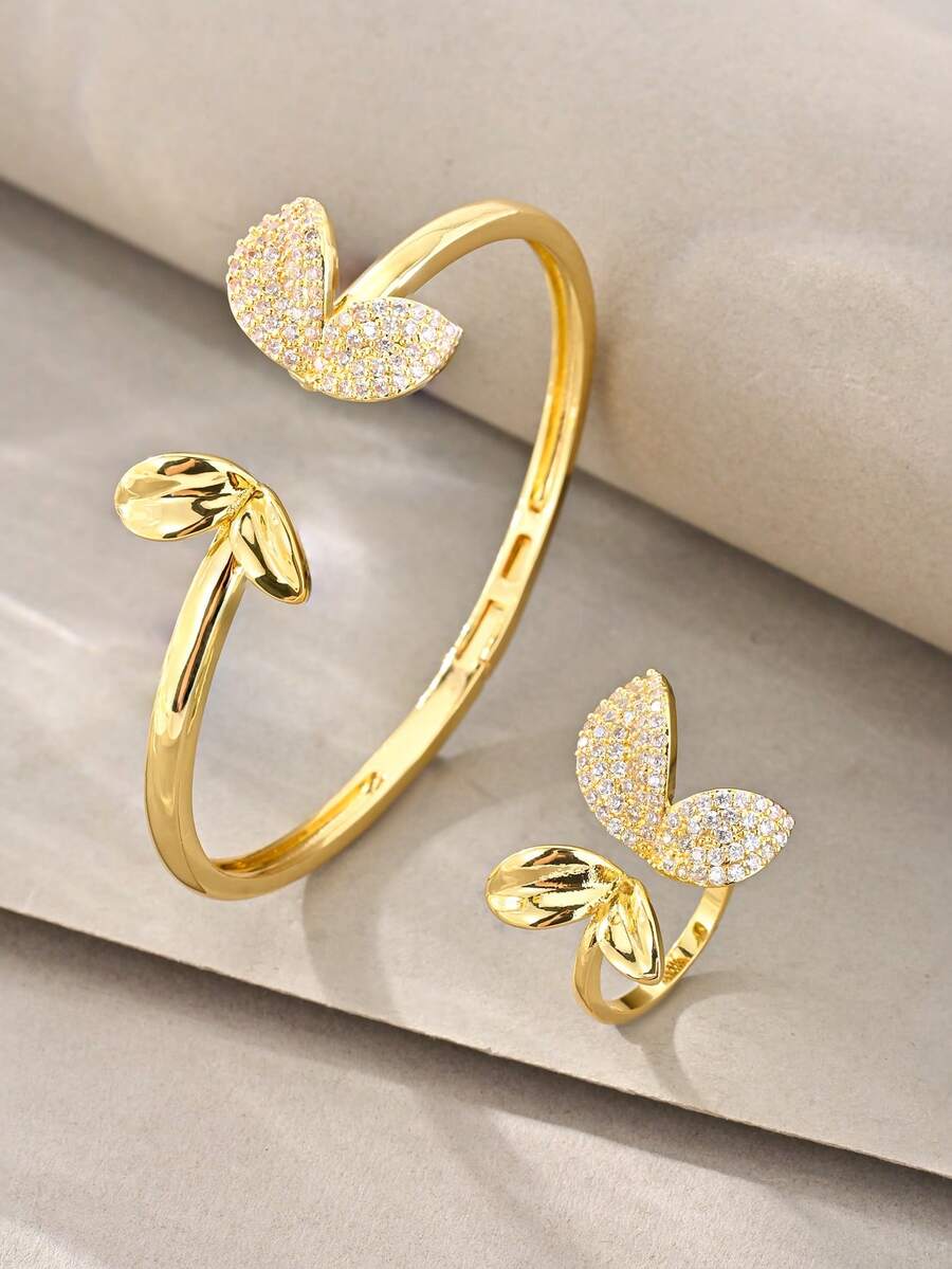 Gold Bangle Set, Versatile Textured White Gold Copper Inlaid Zirconia, Suitable For Daily Wear, Gatherings, Dates, Parties, Gifts - Gold - View 1