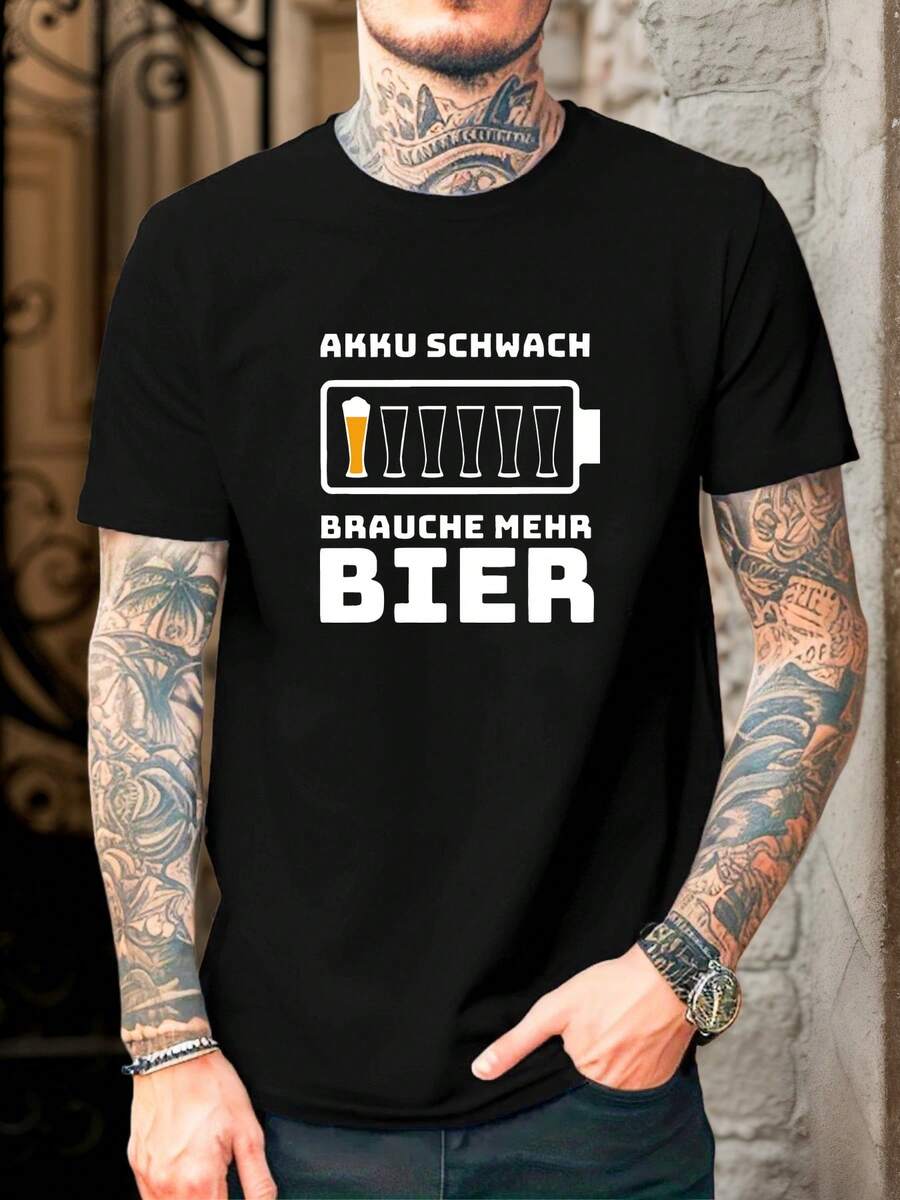 Camiseta de verano para hombre, estilo urbano, con gráfico de jarra de cerveza y nivel de batería, eslogan en alemán que indica que la batería baja requiere más cerveza, camiseta casual de verano de manga corta y cuello redondo. - Negro - Ver 1