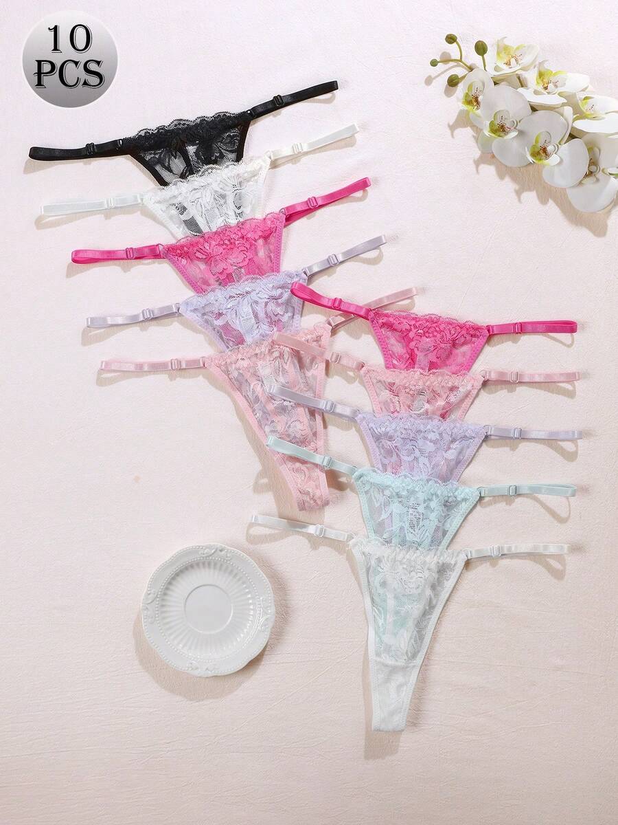 10件/包 女款優雅性感蕾絲丁字褲,日常穿著 - 彩色 - 查看 1