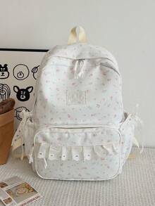 3-Pack Nylon Cream Style Lace Bowknot Star Print Backpack Set, Foldable Multi-Pocket Large Capacity Zipper Backpack, Suitable For Teenagers, High School Studeege Students, Women, Daily Use, Commuting, Travel, Valentine's Day - Beige - View 9