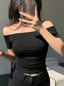 Women's One-Shoulder Sheer Stretch Mesh Blouse, Spring/Summer Off-The-Shoulder Style - 米色 - 查看 1