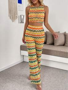 Summer New Colorblock Striped Slim Fit 2 Pieces Set, Sheer Knit Outfit, Flattering And Height-Enhancing, Hot Girl Party And Gathering - Yellow - View 4