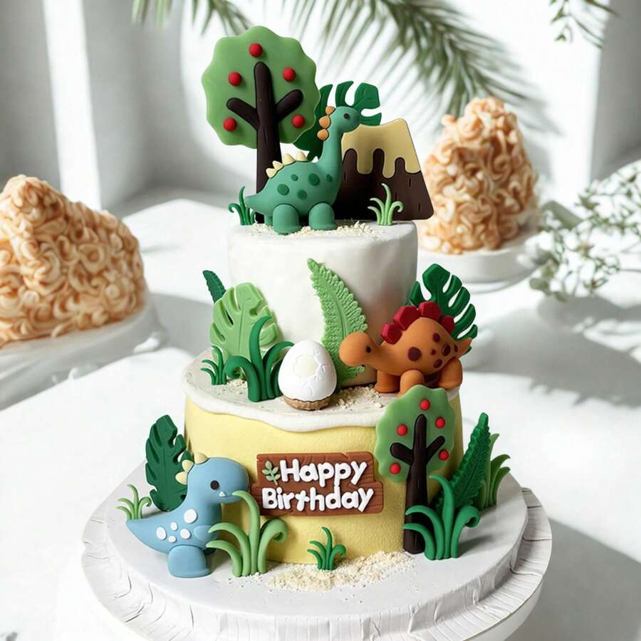 11件套恐龙蛋糕装饰，丛林探险主题生日装饰，霸王龙火山树叶套装。使用我们这款优质恐龙蛋糕装饰套装，将任何普通的甜点变成一场令人惊叹的侏罗纪探险。这款时尚现代的设计套装将为您的甜点桌增添趣味和优雅的气息，成为您下次庆祝活动的完美焦点。 - 多色 - 查看 1