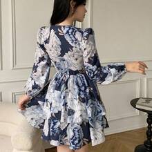Vestido corto elegante de mujer con estampado floral y mangas farol - Rosa - Ver 3