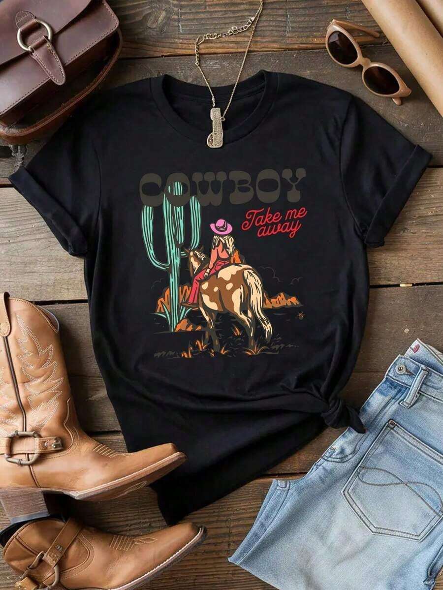 Women's Graphic Print Cotton T-Shirt - "Cowgirl Take Me Away Desert" Design, Loose Fit, Short Sleeve, Crew Neck, Breathable, Casual, For Parties And Everyday Wear, Ladies' T-Shirts, Cowboy Theme T-Shirt, Comfortable Fabric, Party Outfit, Cartoon Design, Soft Material, Printed T-Shirt, For Adults (Sweet And Refreshing, For Teens, Unisex) - 黑色 - 查看 1