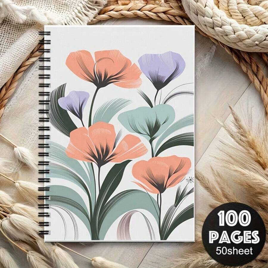1 pieza Cuaderno tamaño A5, con patrón floral dibujado a mano, bloc de notas artístico, cuaderno creativo para estudiantes/oficina, escritura suave, portátil - flores de colores - Ver 1