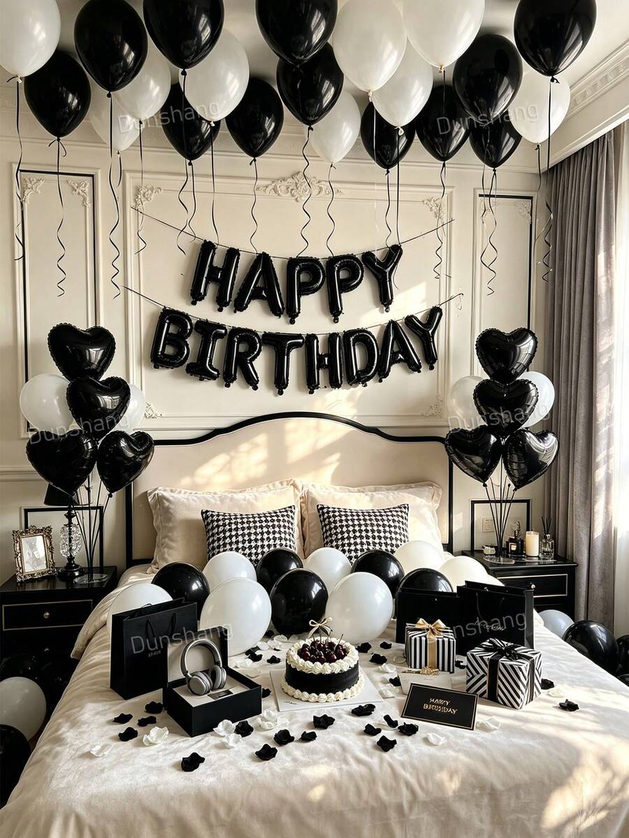 11/60/64件組 黑白生日裝飾套組-黑白人造玫瑰花瓣+Happy Birthday橫幅+心形鋁箔氣球+乳膠氣球,適用於男女生日派對裝飾、飯店房間裝飾、驚喜生日派對、週年紀念 - 黑白 - 查看 1