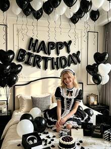 11/60/64件組 黑白生日裝飾套組－黑白人造玫瑰花瓣＋Happy Birthday橫幅＋心形鋁箔氣球＋乳膠氣球，適用於男女生日派對裝飾、飯店房間裝飾、驚喜生日派對、週年紀念 - 黑白 - 查看 6