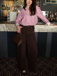 休闲优雅时尚粉色条纹女式衬衫，宽松金色纽扣复古职业女士上衣，适合夏季、春季、度假、海滩，Y2K风格外套 - 彩色 - 查看 10