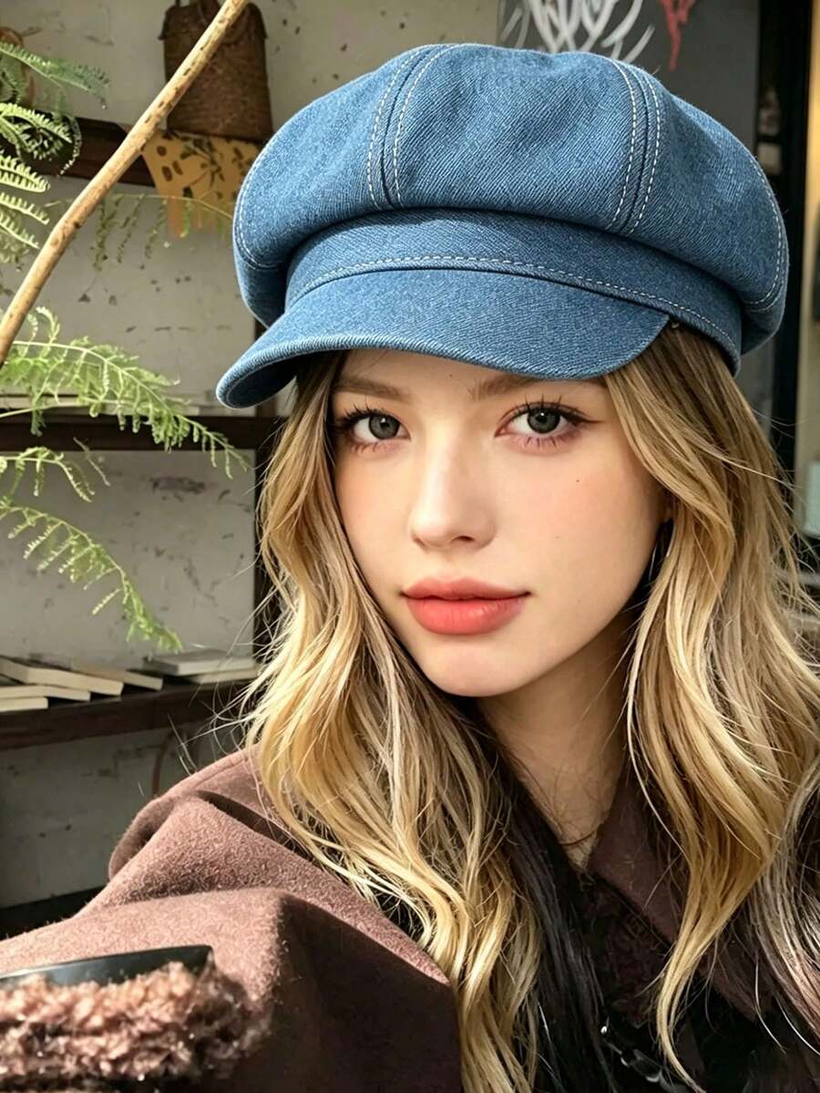 1 st vår/sommar jeansbaskerhatt, retromode åttkantig keps, sommarsolskyddande hatt, mångsidig vardagsmössa, sommarhatt för kvinnor, sommarmålarkeps med överdimensionerad design för små ansikten - Blå - Visa 1