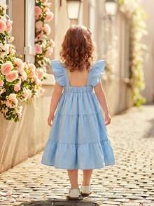 Young Girl Summer Dress, Cute Solid Color Cap Sleeve Colorful 3D Floral Elastic Waist Casual Holiday Dress - Blue - View 6