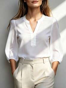 Women's Elegant V-Neck 3/4 Lantern Sleeve Blouse, Solid Color Four-Way Stretch Non-Sheer Business Commute Shirt, Versatile For Various Occasions In Summer White - White - View 5