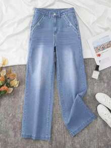 Women's Summer Casual High Waist Baggy Wide Leg Jeans, Wash Loose Denim Pants, Multi-Color Options,Seasonal Wear, Fashionable Streetwear & Daily Outfit,,Summer Style Essential,Summer Outfits For Women,Summer Clothes,Vacation Outfits Women - Màu xanh nhạt *Phong cách mùa hè mới - Xem 4