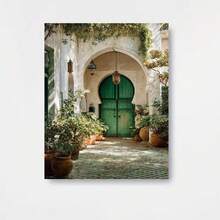 Pintura en lienzo 2D plana sin marco de varios s, arte de patio marroquí _ Decoración de pared de portón verde _ Decoración del hogar mediterránea _ Arco botánico de estilo bohemio _ (2), 2D plano - Enmarcado - Ver 1