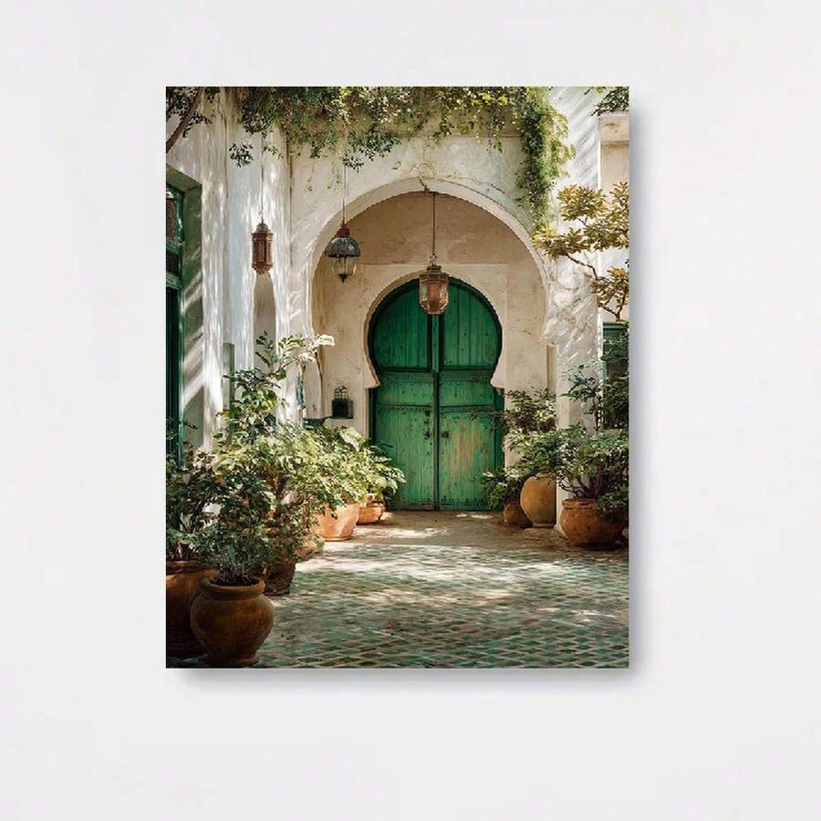 Pintura en lienzo 2D plana sin marco de varios s, arte de patio marroquí _ Decoración de pared de portón verde _ Decoración del hogar mediterránea _ Arco botánico de estilo bohemio _ (2), 2D plano - Enmarcado - Ver 1