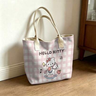 Miniso 三丽鸥Hello Kitty摇摇马帆布手提包，粉色格子单肩包，日常使用