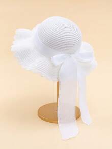 1 pieza Sombrero de sol blanco con onda y lazo para niñas, sombrero elegante con protección UV adecuado para la playa, viajes, vacaciones, estilo bohemio - 1PC - Ver 9
