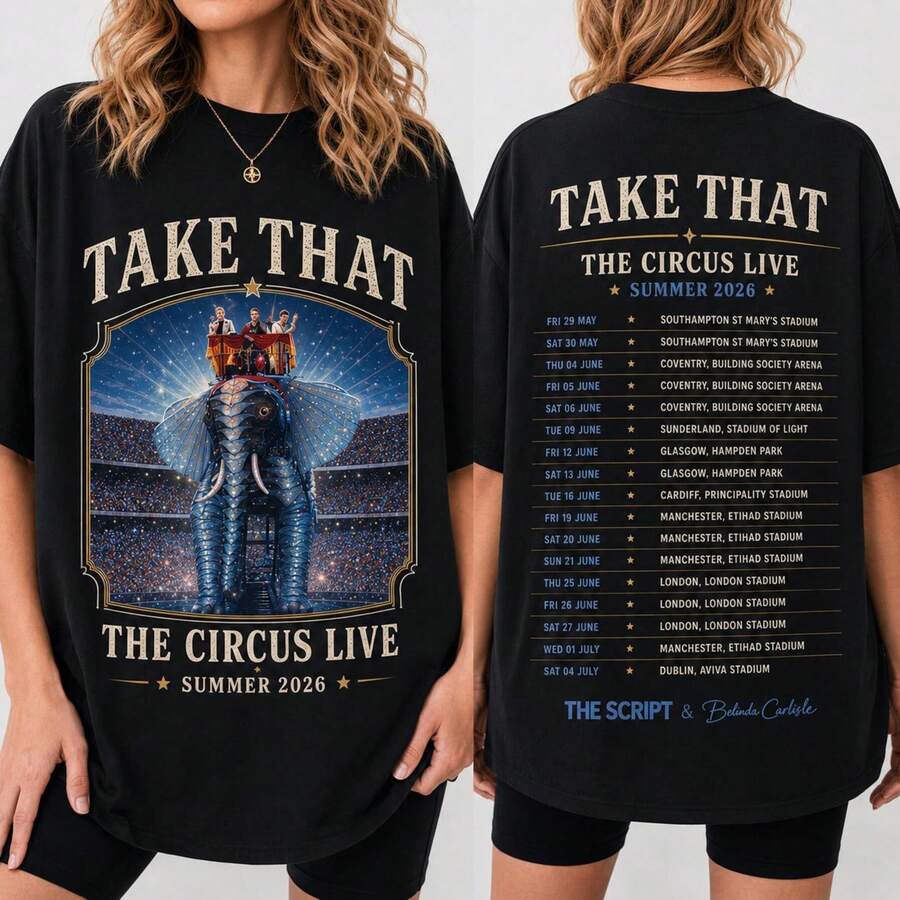 Take That The Circus Live Summer 2026 Elephant Tour Double-Sided Cotton T-Shirt For Fans Of The Pop Group - Black - View 1