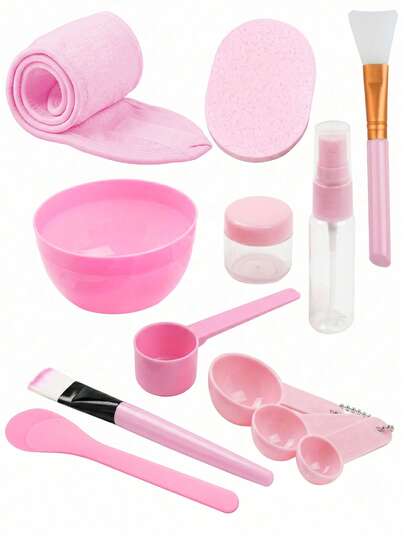 12pcs DIY Face Mask Tool Kit, Home Skincare Mixing Mask Full Set, Ins Soft Pink Series, Self-Made Mask Tools Include Hair Band, Sponge Cleansing Pad, Silicone Mask Brush, Mixing Bowl, Refillable Bottle, Powder Puff Spoon, Measuring Spoon, Double-Headed Stirring Rod