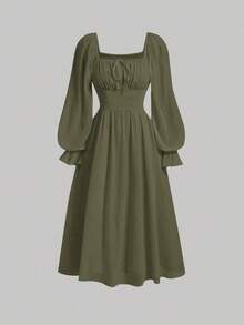 Vestido de cuello cuadrado pecho con fruncido - Verde militar - Ver 9