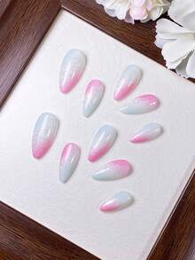 10 Pieces Of Handmade Almond Nail Polish In Pink, Green, And White With Mixed Shading, Textured Tips, And A Pointed Shape. Simple Design, Vibrant Colors. Summer Item. Quickly Wearable And Removable; Press-On False Nails. - Multicolor - View 5
