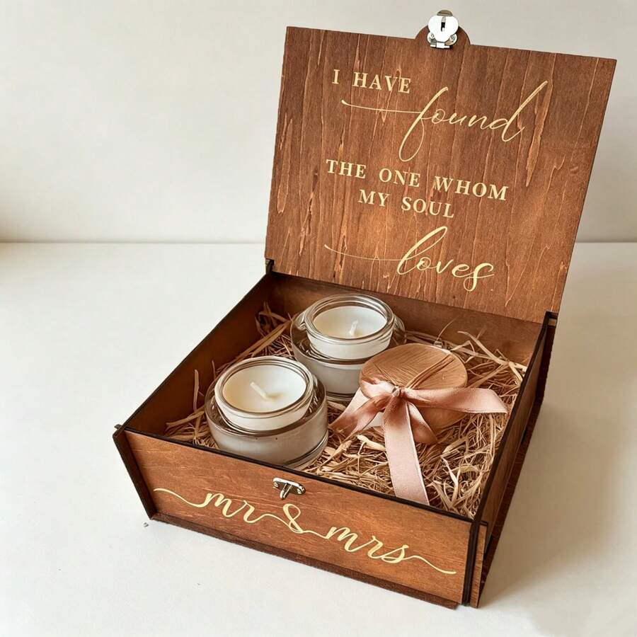 Rustic Wooden Wedding Keepsake Box, MR & MRS Design Memory Box With Lock, Bridal Shower Gift, Wedding Card & Photo Storage Box - A - View 1