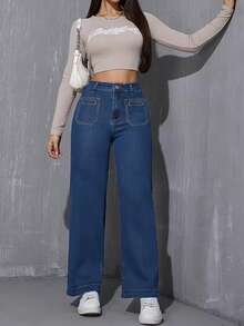 ALO FASHION Pantalones vaqueros de mujer de talle alto y pierna ancha, vaqueros largos lavados con bolsillos delanteros de parche para un look casual de otoño. - azul real - Ver 5