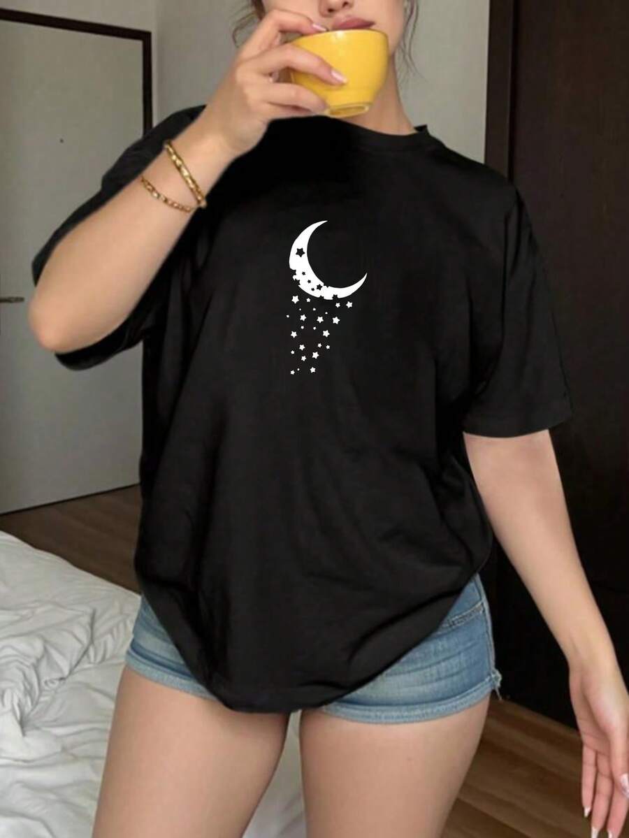 Women's Short-Sleeved T-Shirt, Available In Various Colors, Loose Fit - 黑色 - 查看 1