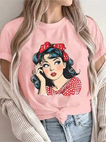 Women's Summer T-Shirt With Vintage Polka Dot Print And Lip Design - Features A Red And White Polka Dot Design, Soft And Perfect For Casual Party Outfits, Essential For Valentine's Day And Cosplay Events - Machine Washable Top, Stylish Women's Shirt - 粉色 - 查看 6