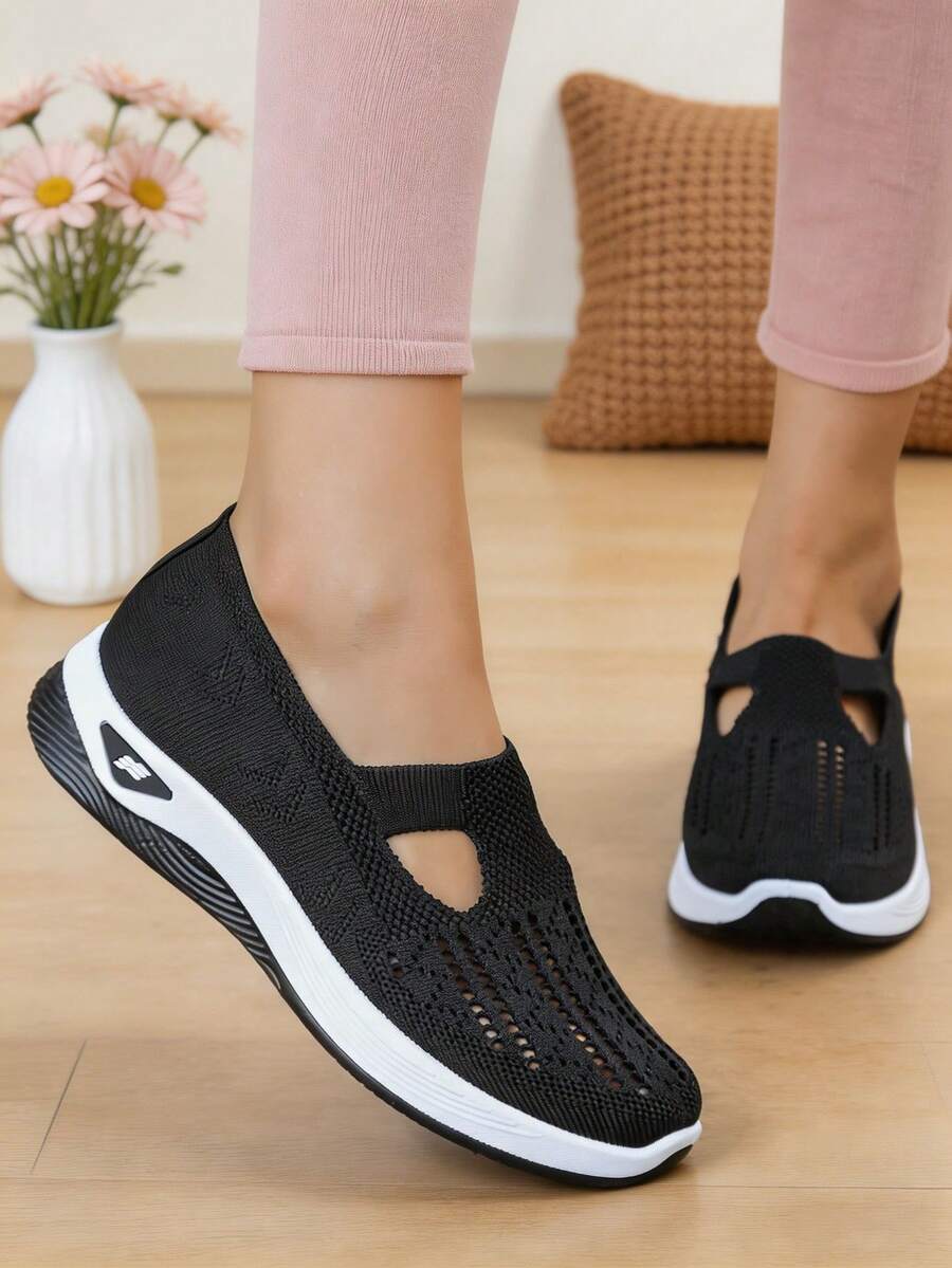 Ukuran Lebih Besar dari Biasanya! Sepatu Slip-On Rajut Warna Polos Wanita, Sepatu Kasual Ringan dan Nyaman, Sepatu Loafer Sol Lembut Ujung Bulat untuk Musim Panas