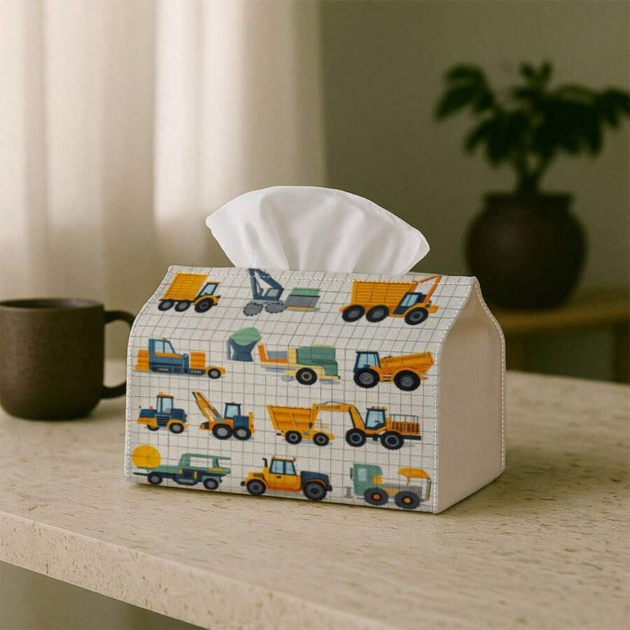 1pc Construction Vehicle Themed Funny Tissue Box, Cartoon Traffic Pattern Design, Sturdy Decorative Storage Box For Kitchen, Living Room, Bedroom, Car, Multipurpose Desktop Tissue Holder